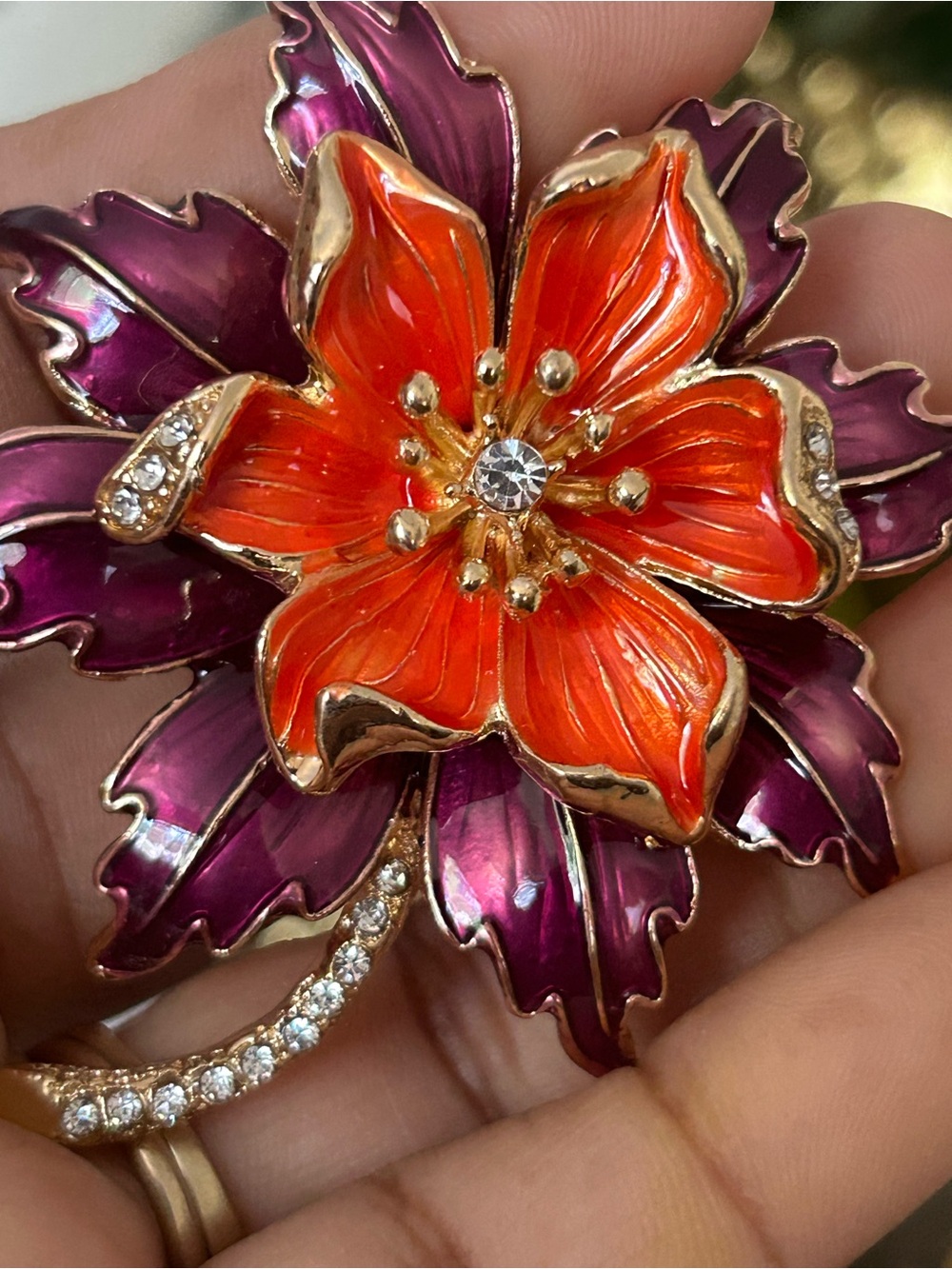 Women Jewelry Orange & Purple Floral Brooch with Crystal Accent